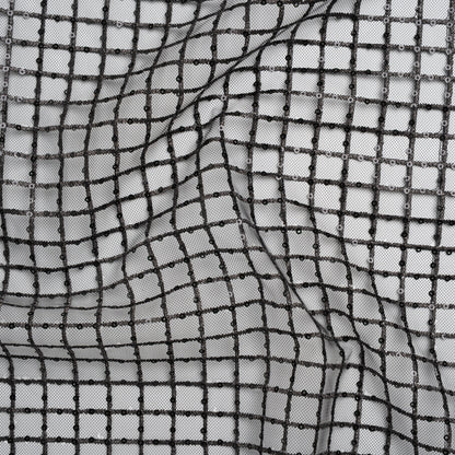 Embroidered Lace Tulle with Baby Sequins - Black and Gunmetal Grid - Designer Deadstock