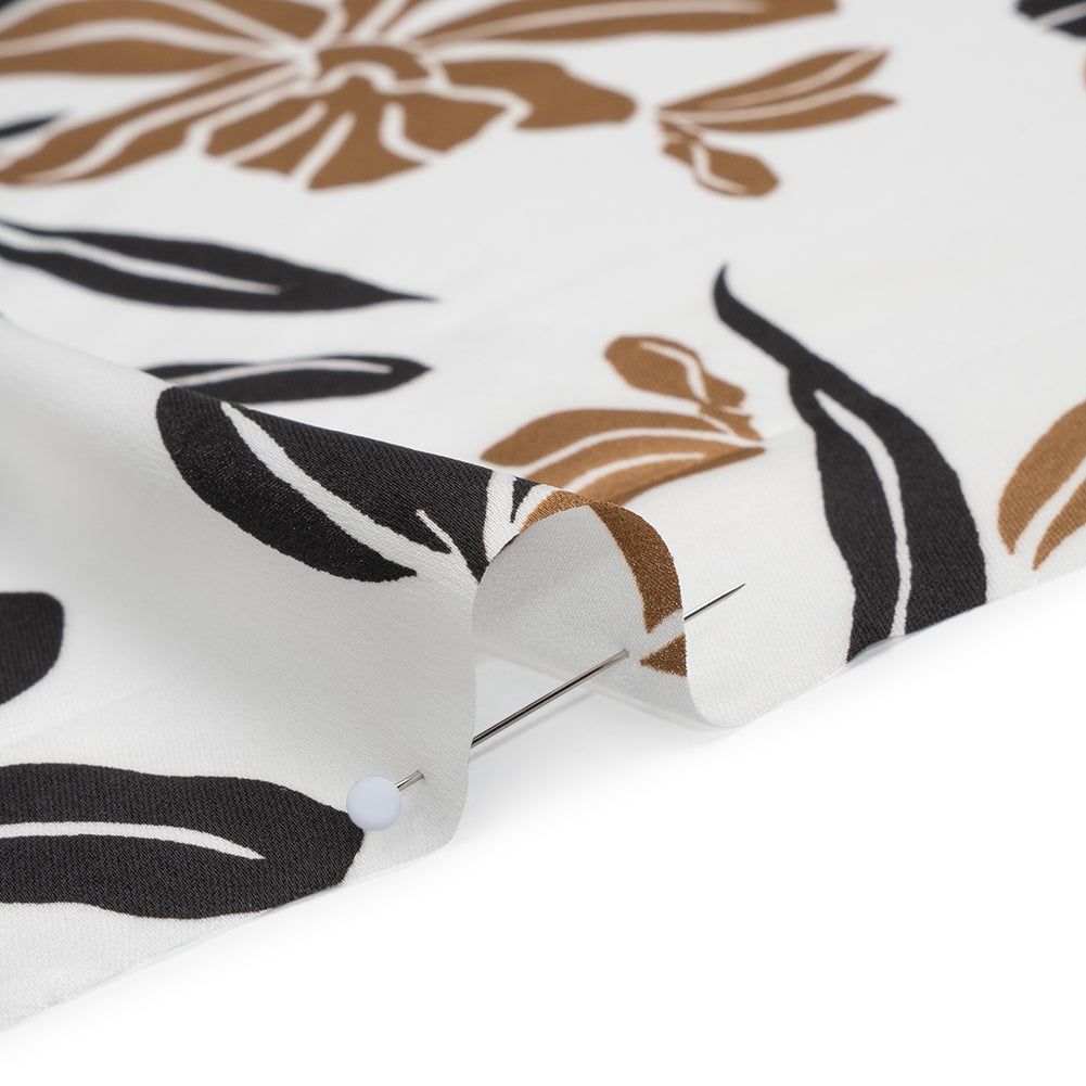 Stretch Polyester Charmeuse Print - White, Black and Brown Daffodils - Designer Deadstock