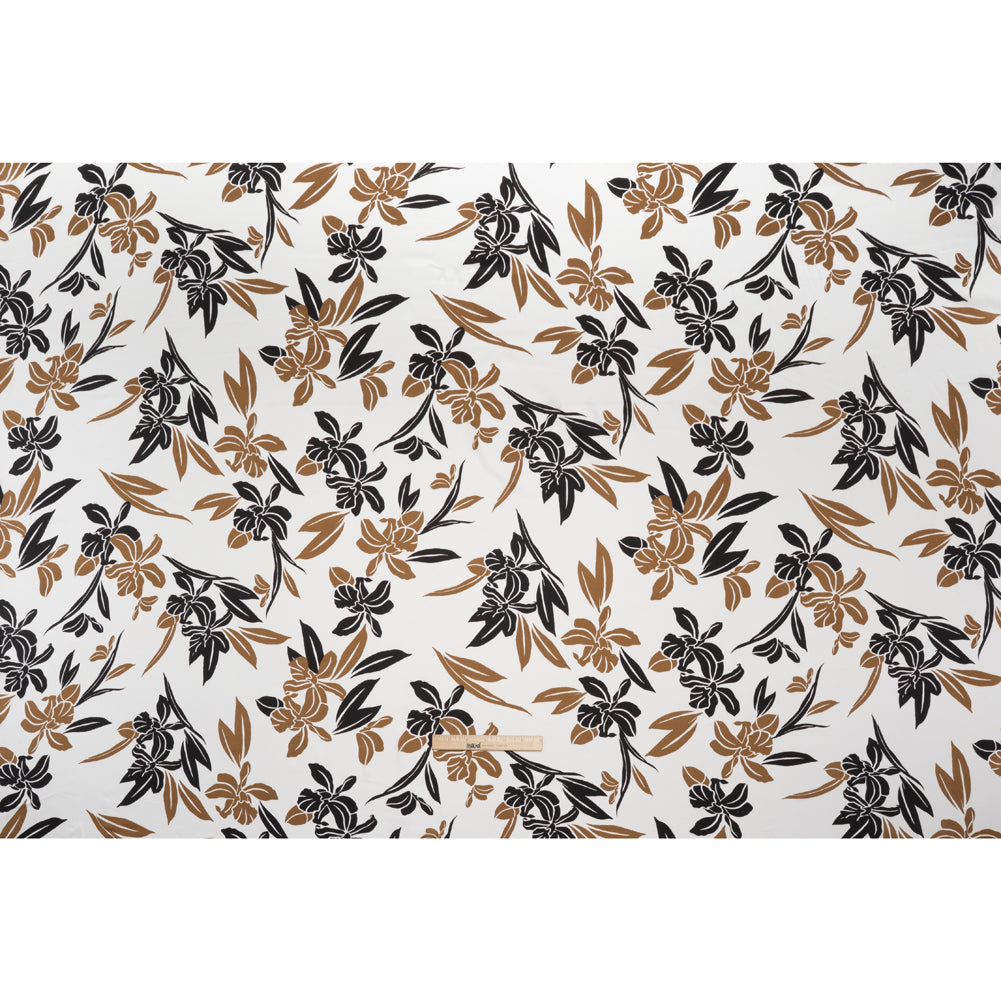 Stretch Polyester Charmeuse Print - White, Black and Brown Daffodils - Designer Deadstock