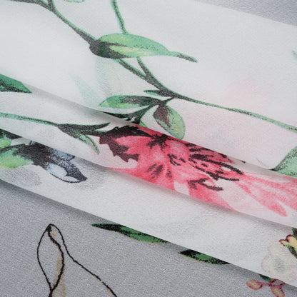 Polyester Chiffon Print - White, Green and Pink Delicate Florals - Designer Deadstock