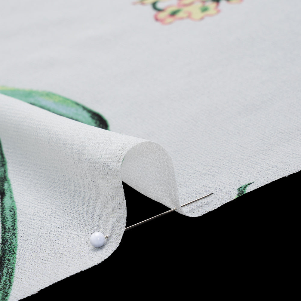 Polyester Chiffon Print - White, Green and Pink Delicate Florals - Designer Deadstock