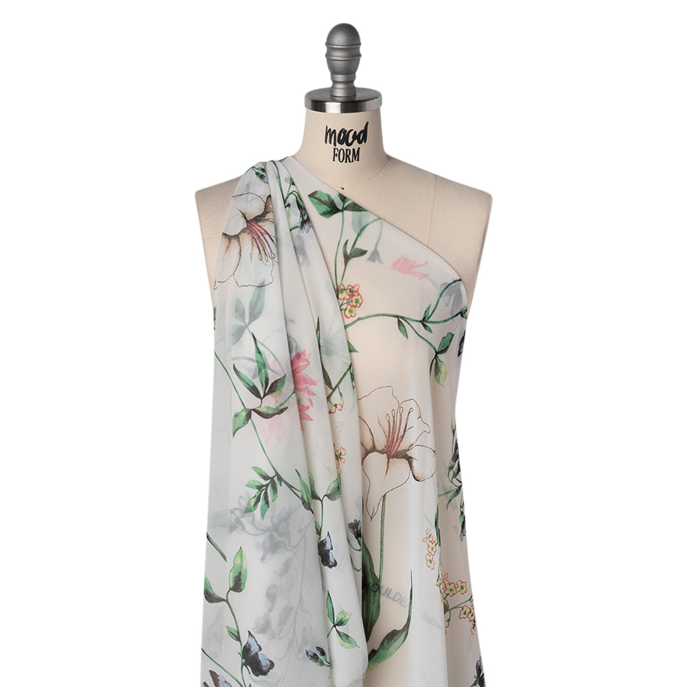 Polyester Chiffon Print - White, Green and Pink Delicate Florals - Designer Deadstock