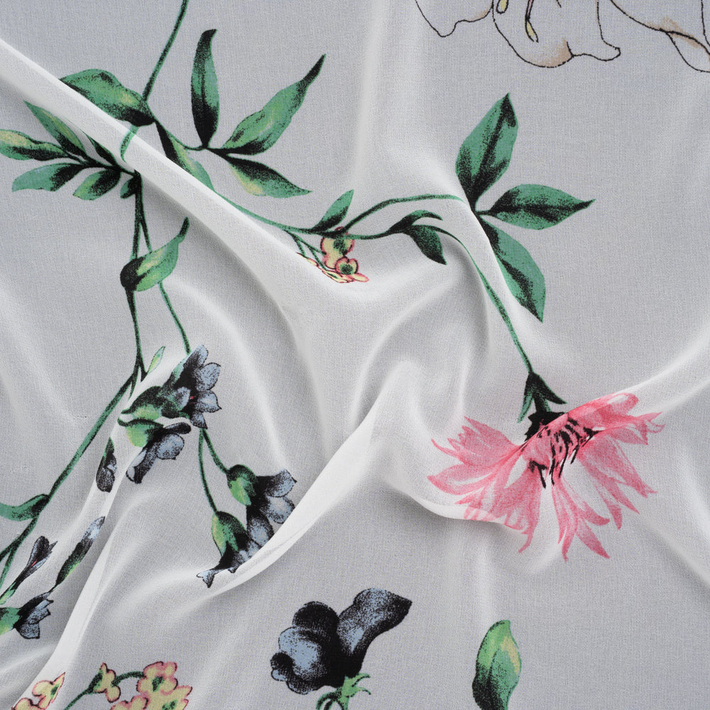 Polyester Chiffon Print - White, Green and Pink Delicate Florals - Designer Deadstock