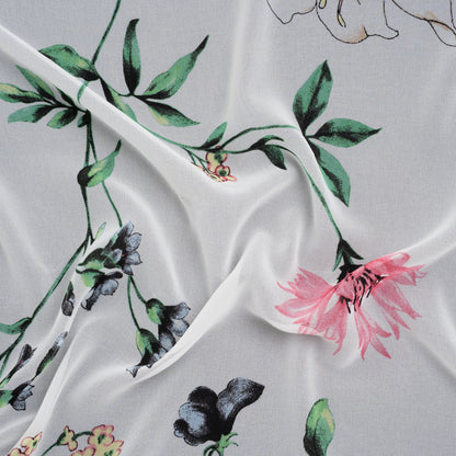 Polyester Chiffon Print - White, Green and Pink Delicate Florals - Designer Deadstock