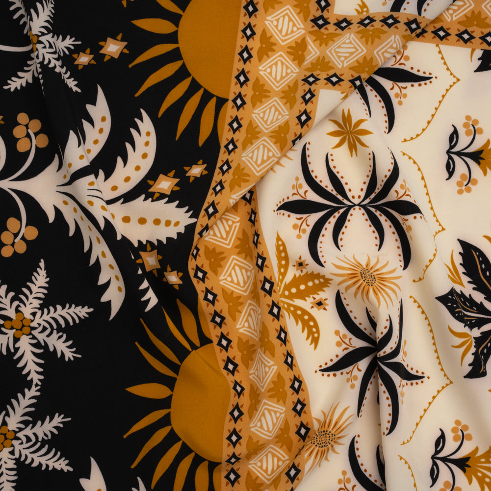 Stretch Polyester Crepe de Chine Print - Cream, Black and Golden Ochre Flowers and Suns Border - Designer Deadstock