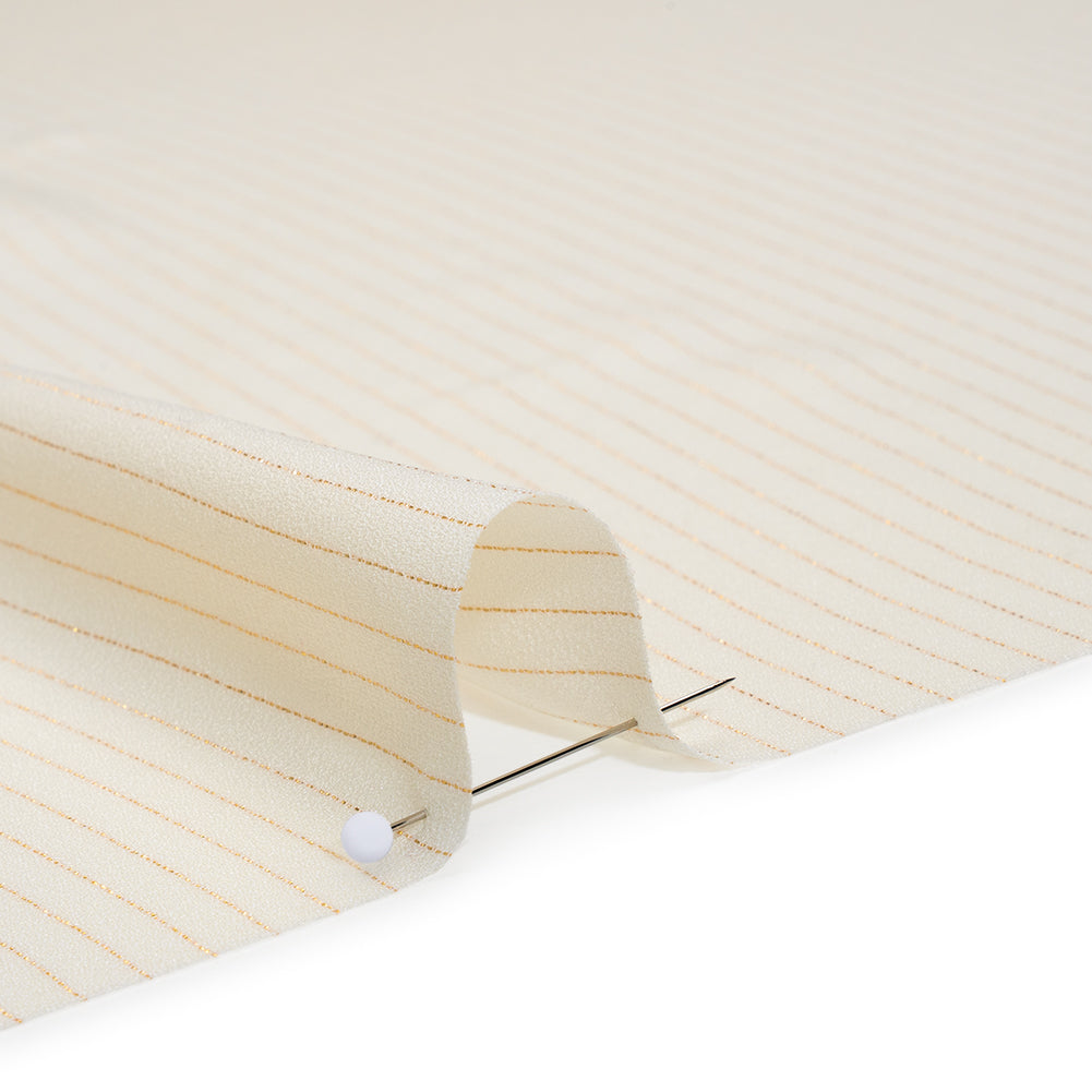 Crepe-Like Polyester Woven with Metallic Gold Pinstripes - Antique White - Designer Deadstock