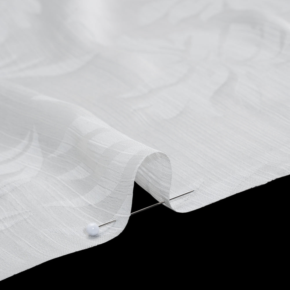 Crinkled Polyester Satin-Face Chiffon Jacquard - White Palm Leaves - Designer Deadstock Detail