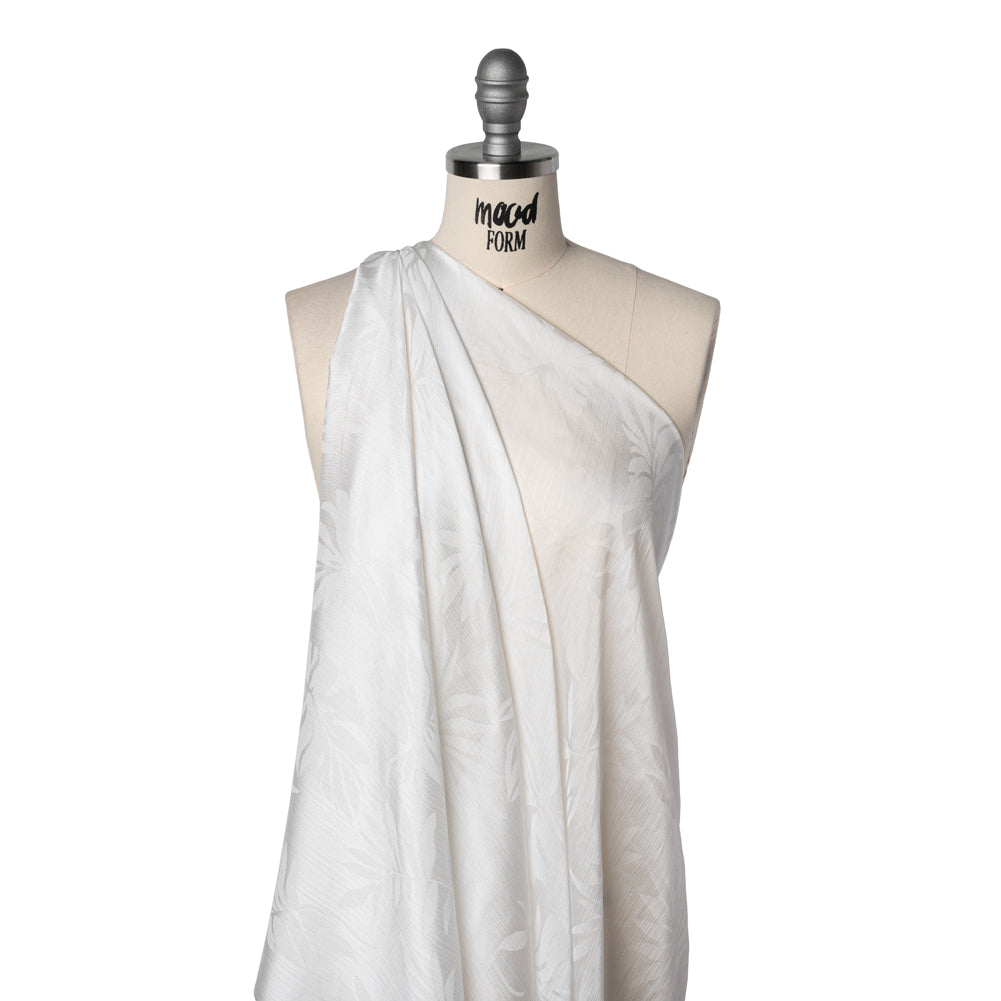 Crinkled Polyester Satin-Face Chiffon Jacquard - White Palm Leaves - Designer Deadstock Drape
