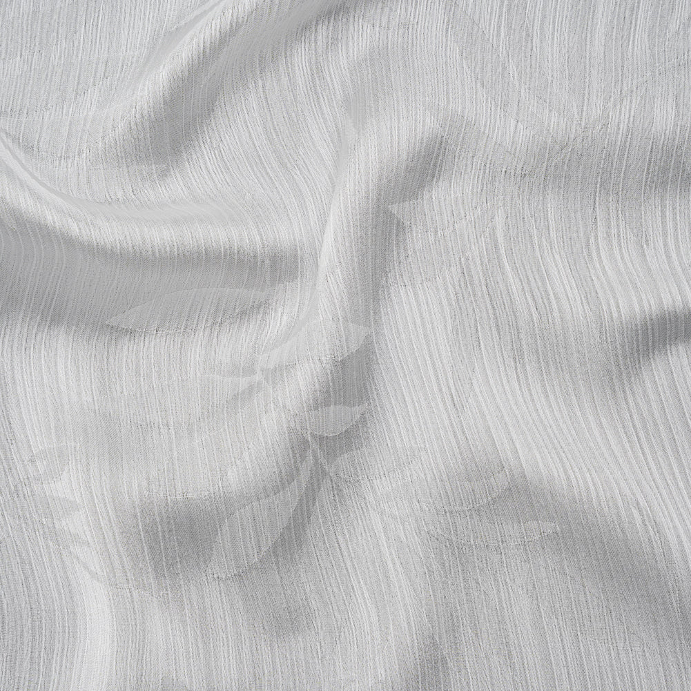 Crinkled Polyester Satin-Face Chiffon Jacquard - White Palm Leaves - Designer Deadstock