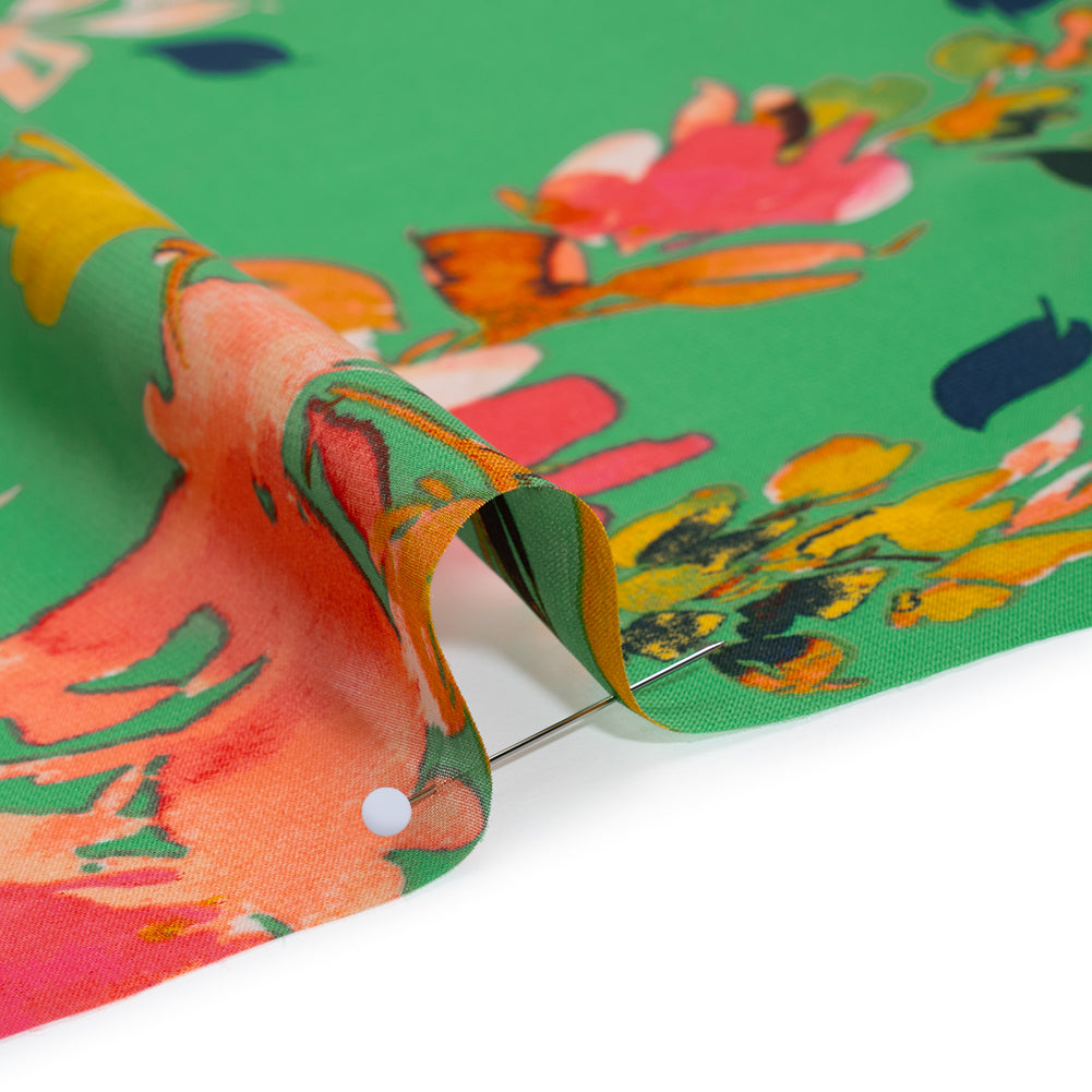Polyester Chiffon Print - Kelly Green, Orange and Pink Watercolor Florals - Designer Deadstock