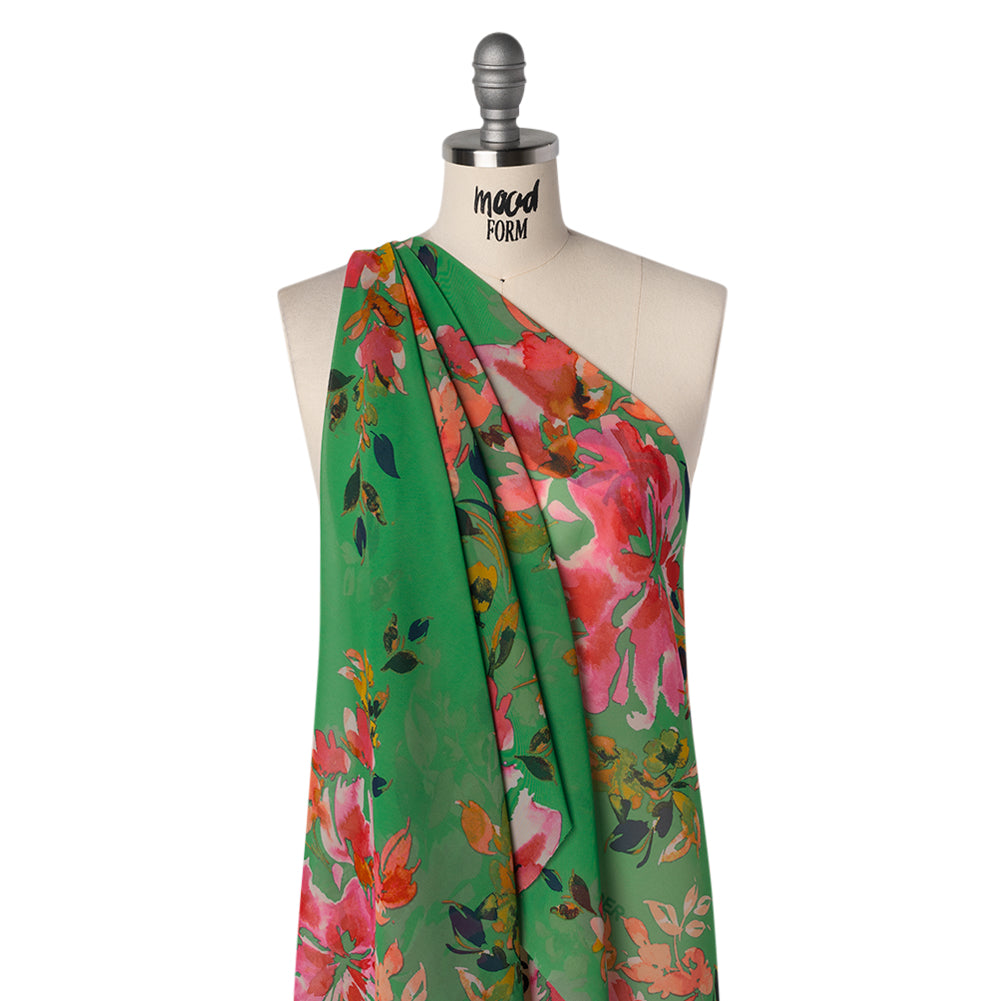 Polyester Chiffon Print - Kelly Green, Orange and Pink Watercolor Florals - Designer Deadstock