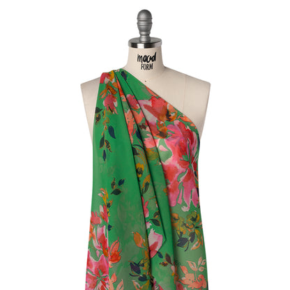 Polyester Chiffon Print - Kelly Green, Orange and Pink Watercolor Florals - Designer Deadstock