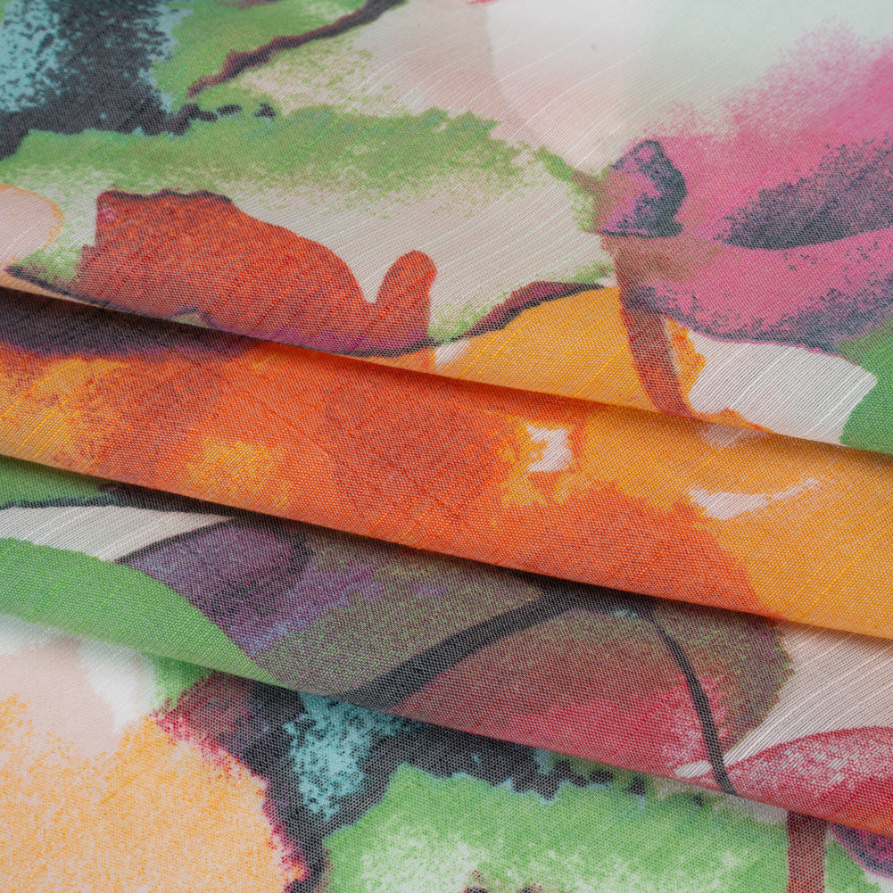 Textured Gauzy Rayon and Polyester Woven Print - Orange, Plum Purple and Grass Green Watercolor Florals - Designer Deadstock