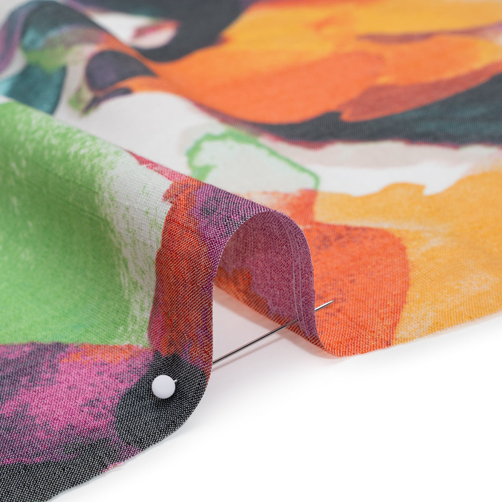 Textured Gauzy Rayon and Polyester Woven Print - Orange, Plum Purple and Grass Green Watercolor Florals - Designer Deadstock