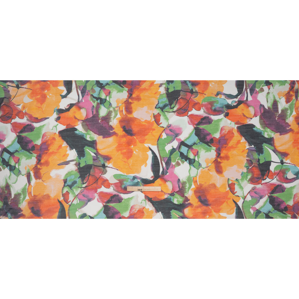 Textured Gauzy Rayon and Polyester Woven Print - Orange, Plum Purple and Grass Green Watercolor Florals - Designer Deadstock