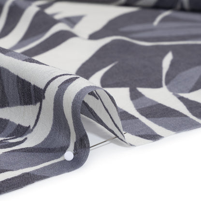 Slubbed Drapey Polyester and Rayon Woven Print - Cream and Cool Gray Palm Leaves - Designer Deadstock