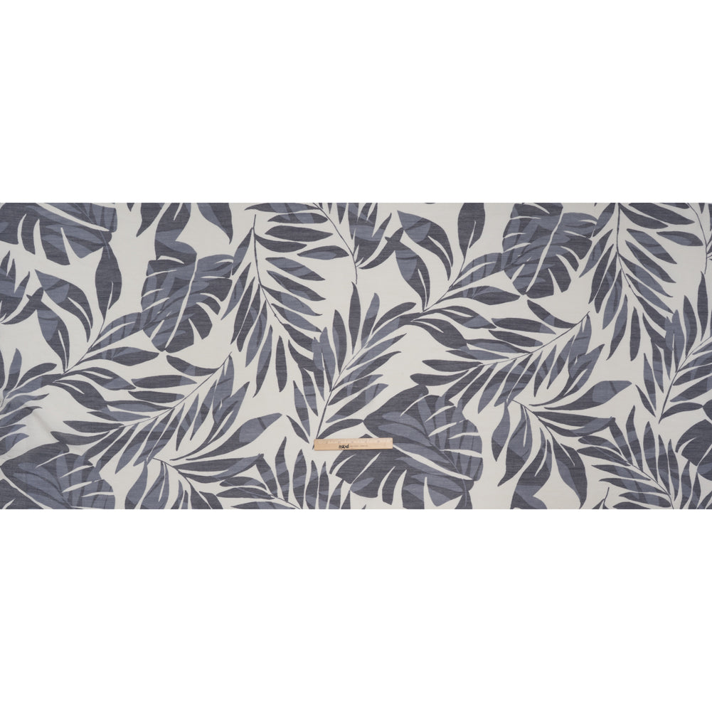Slubbed Drapey Polyester and Rayon Woven Print - Cream and Cool Gray Palm Leaves - Designer Deadstock