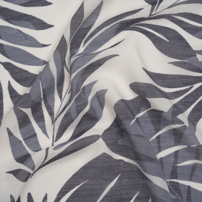 Slubbed Drapey Polyester and Rayon Woven Print - Cream and Cool Gray Palm Leaves - Designer Deadstock