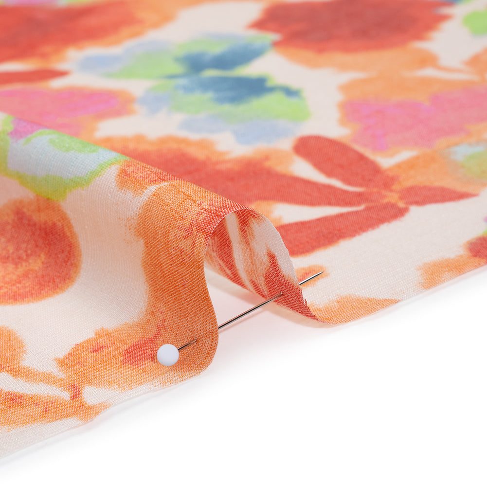 Textured Gauzy Rayon and Polyester Woven Print - Coral, Creamsicle and Lime Painterly Floral - Designer Deadstock