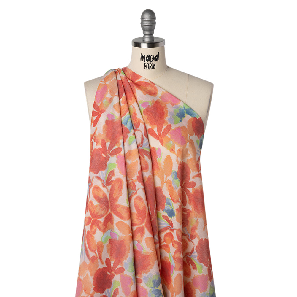 Textured Gauzy Rayon and Polyester Woven Print - Coral, Creamsicle and Lime Painterly Floral - Designer Deadstock