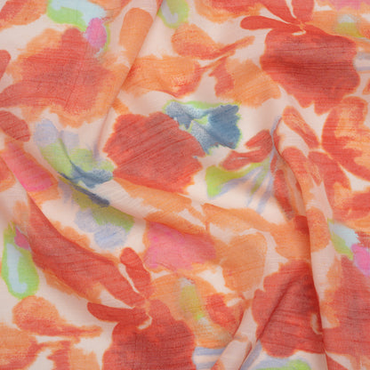 Textured Gauzy Rayon and Polyester Woven Print - Coral, Creamsicle and Lime Painterly Floral - Designer Deadstock