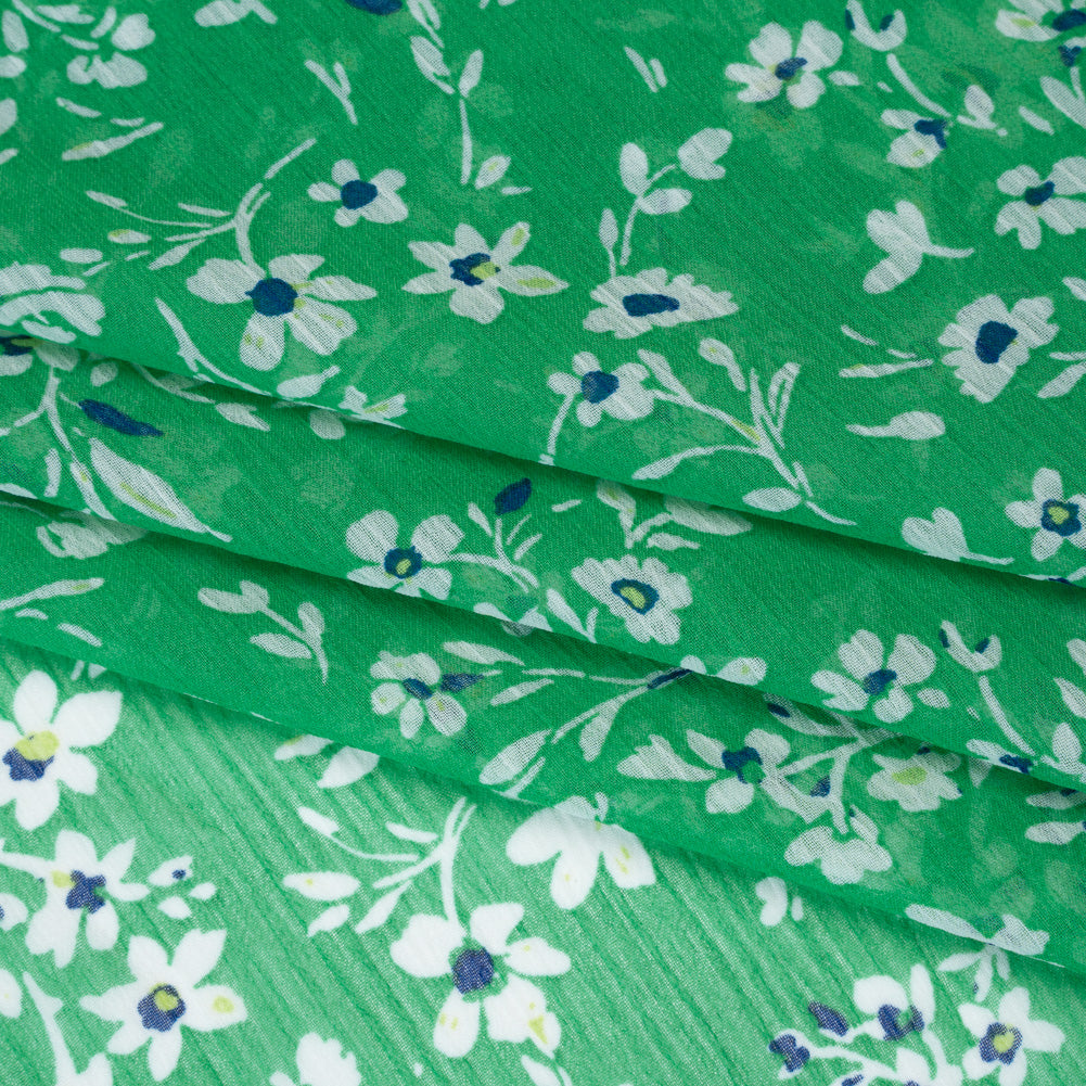 Crinkled Polyester Chiffon Print - Kelly Green, White and Navy Floral - Designer Deadstock