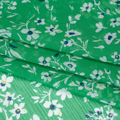 Crinkled Polyester Chiffon Print - Kelly Green, White and Navy Floral - Designer Deadstock