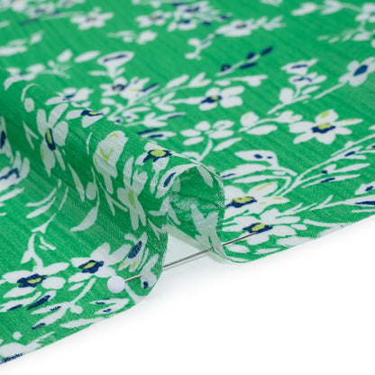 Crinkled Polyester Chiffon Print - Kelly Green, White and Navy Floral - Designer Deadstock