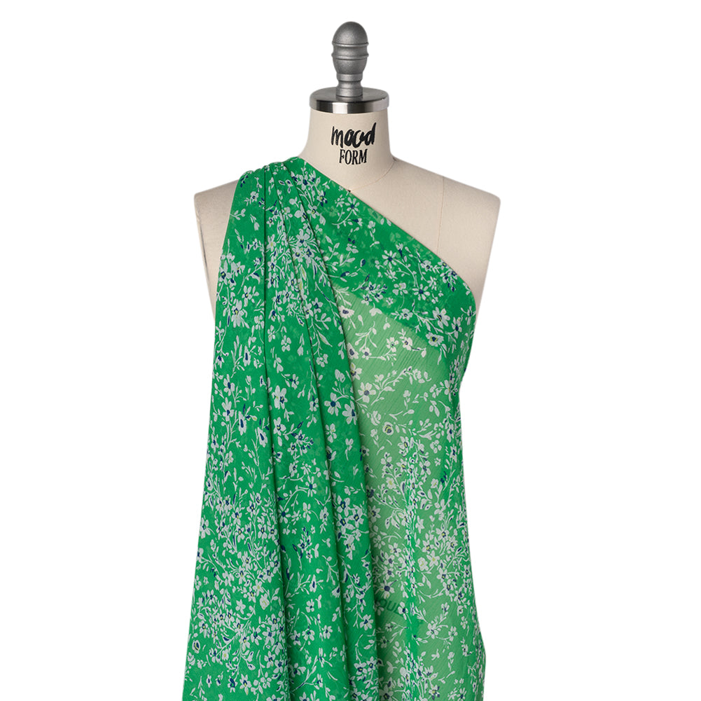 Crinkled Polyester Chiffon Print - Kelly Green, White and Navy Floral - Designer Deadstock