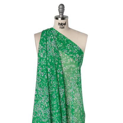 Crinkled Polyester Chiffon Print - Kelly Green, White and Navy Floral - Designer Deadstock