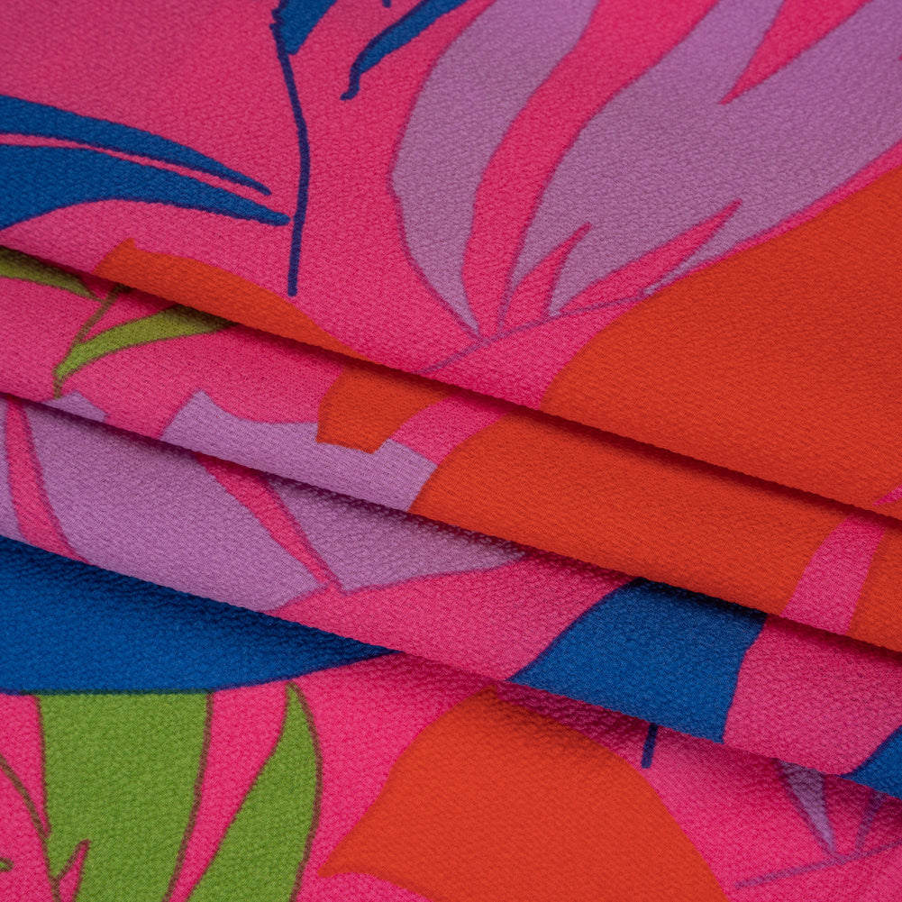 Puckered Lightweight Stretch Polyester Crepe - Hot Pink, Fire Red and Cobalt Blue Palm Leaves - Designer Deadstock