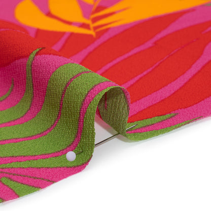 Puckered Lightweight Stretch Polyester Crepe - Hot Pink, Fire Red and Cobalt Blue Palm Leaves - Designer Deadstock