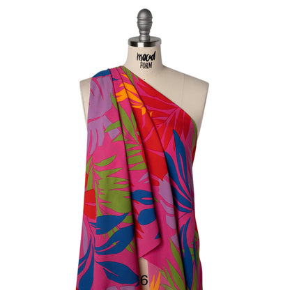 Puckered Lightweight Stretch Polyester Crepe - Hot Pink, Fire Red and Cobalt Blue Palm Leaves - Designer Deadstock