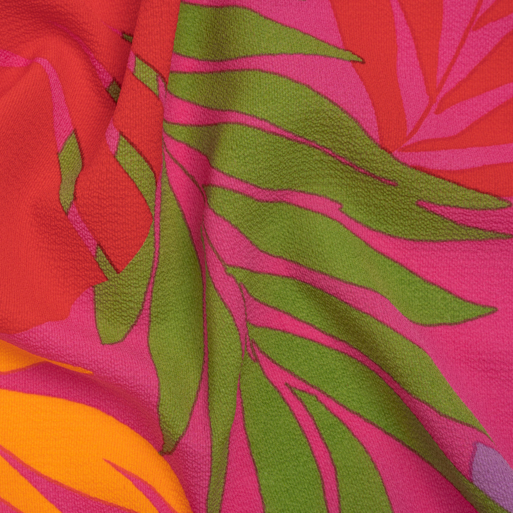 Puckered Lightweight Stretch Polyester Crepe - Hot Pink, Fire Red and Cobalt Blue Palm Leaves - Designer Deadstock