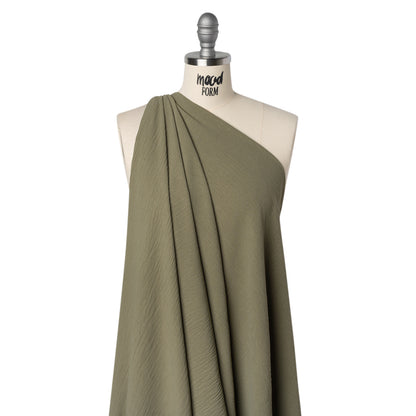 Crinkled Stretch Polyester Woven - Dusty Olive Green - Designer Deadstock Drape