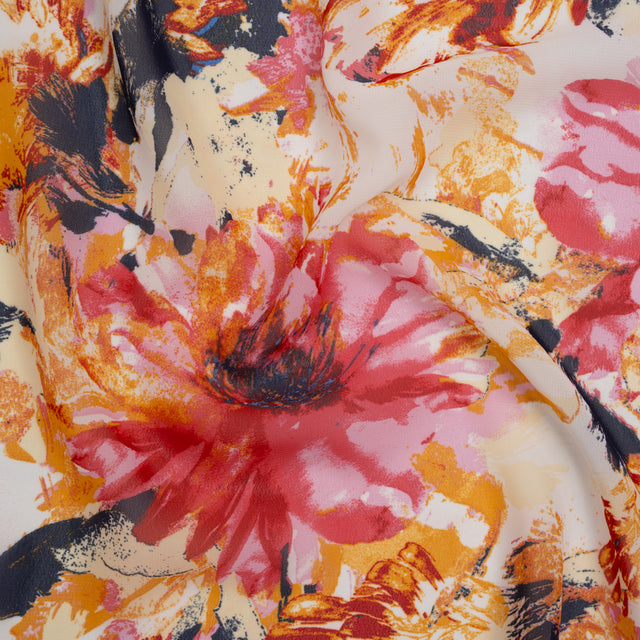 Polyester Chiffon Print - Goldenrod, Pink and Navy Painterly Florals - Designer Deadstock