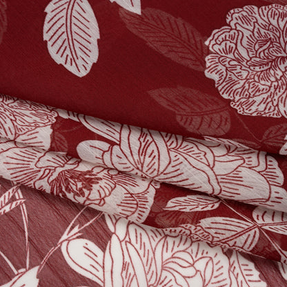 Crinkled Polyester Chiffon Print - Burgundy and White Floral - Designer Deadstock