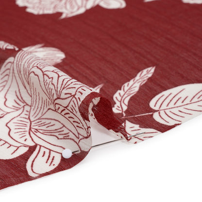 Crinkled Polyester Chiffon Print - Burgundy and White Floral - Designer Deadstock