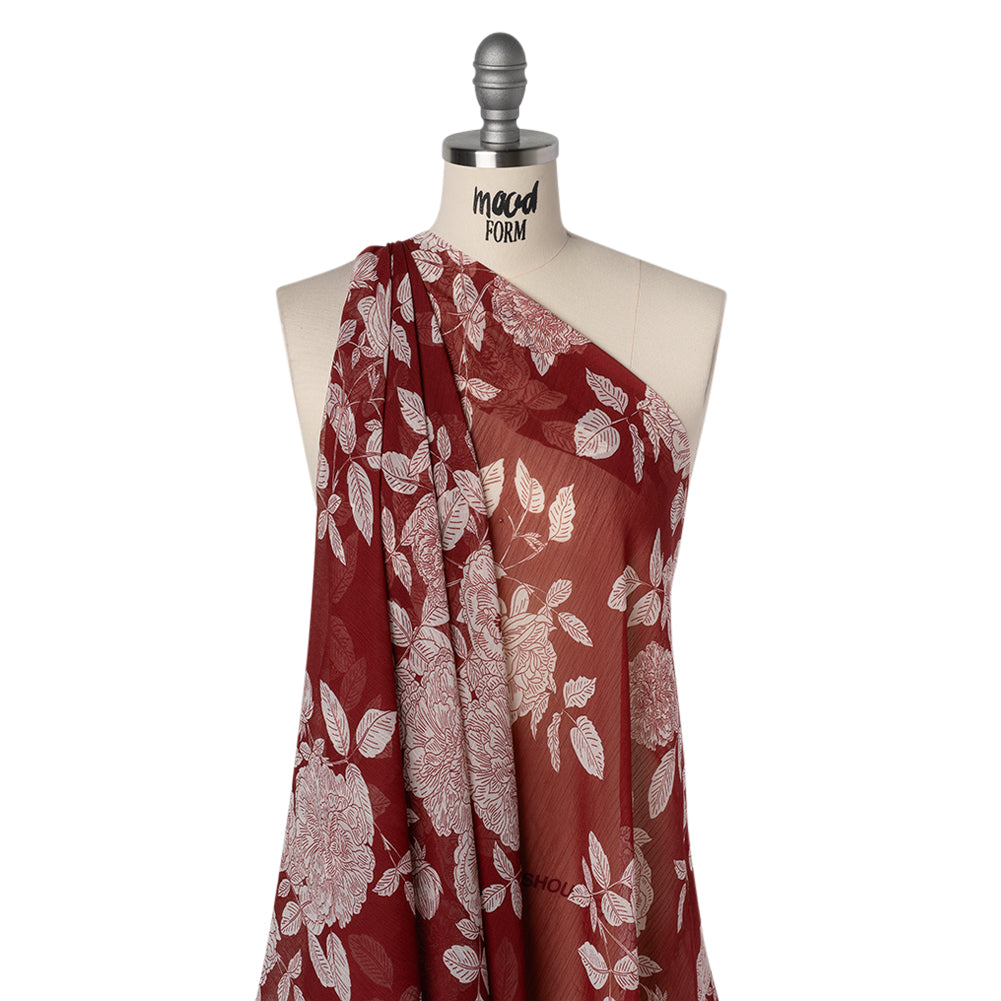 Crinkled Polyester Chiffon Print - Burgundy and White Floral - Designer Deadstock