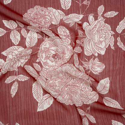 Crinkled Polyester Chiffon Print - Burgundy and White Floral - Designer Deadstock
