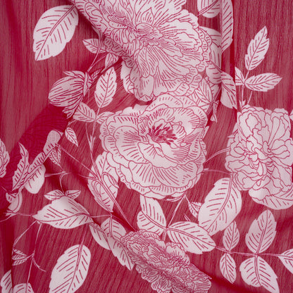 Crinkled Polyester Chiffon Print - Deep Magenta and White Floral - Designer Deadstock