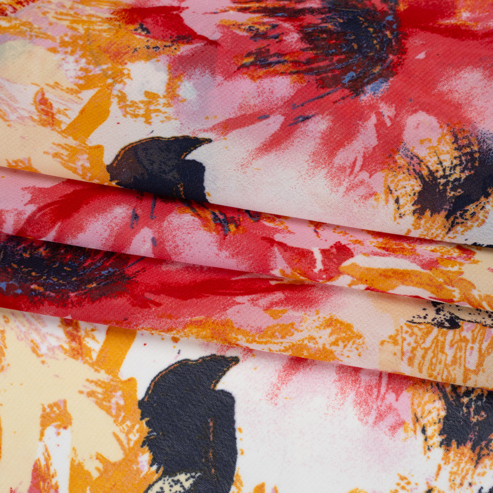 Polyester Chiffon Print - Pink, Red and Yellow Floral - Designer Deadstock