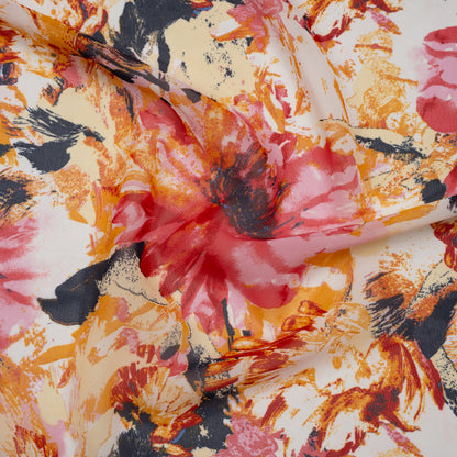 Polyester Chiffon Print - Pink, Red and Yellow Floral - Designer Deadstock