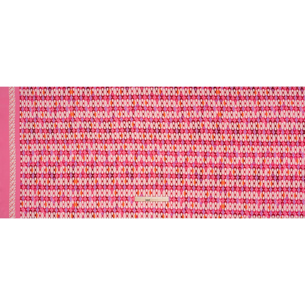 Stretch Puckered Polyester Crepe - Bubblegum Pink, Lavender and Magenta Rows of Bows and Floral Stripe Border - Designer Deadstock