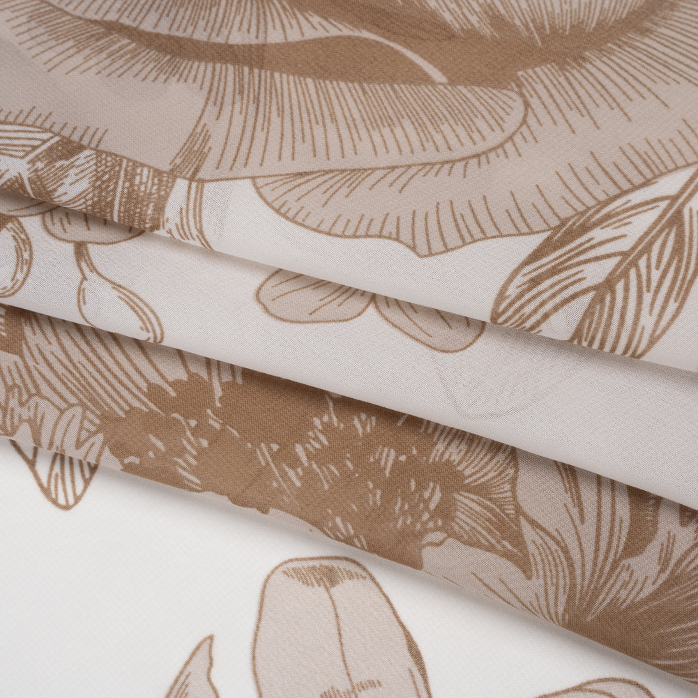 Polyester Chiffon Print - Cream and Mocha Brown Big Roses - Designer Deadstock Folded