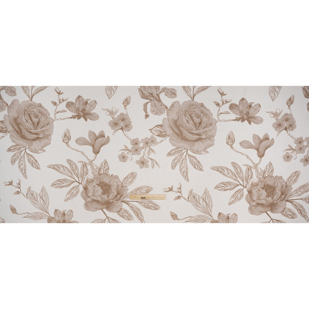 Polyester Chiffon Print - Cream and Mocha Brown Big Roses - Designer Deadstock - Full