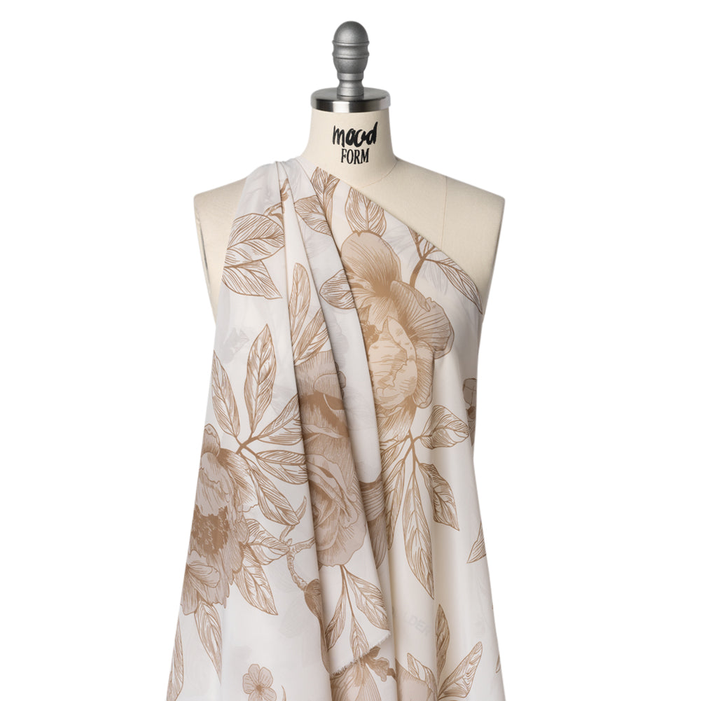Polyester Chiffon Print - Cream and Mocha Brown Big Roses - Designer Deadstock Drape