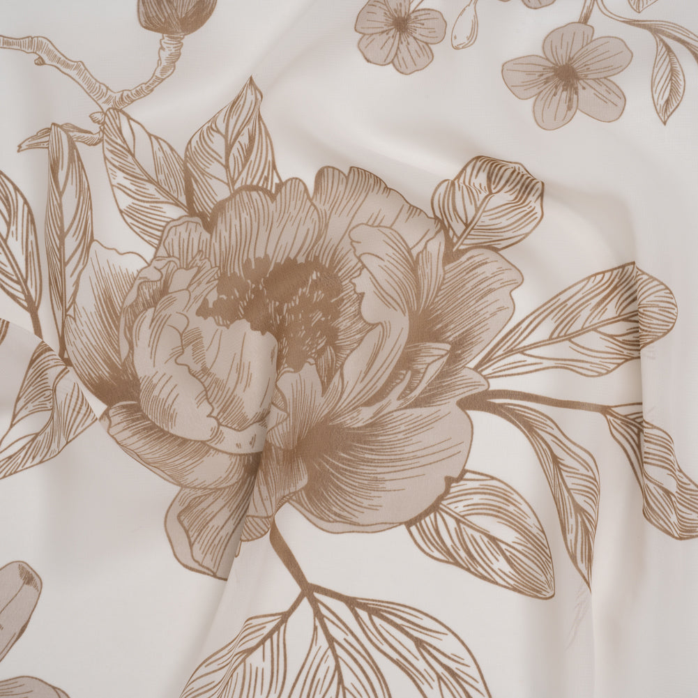 Polyester Chiffon Print - Cream and Mocha Brown Big Roses - Designer Deadstock
