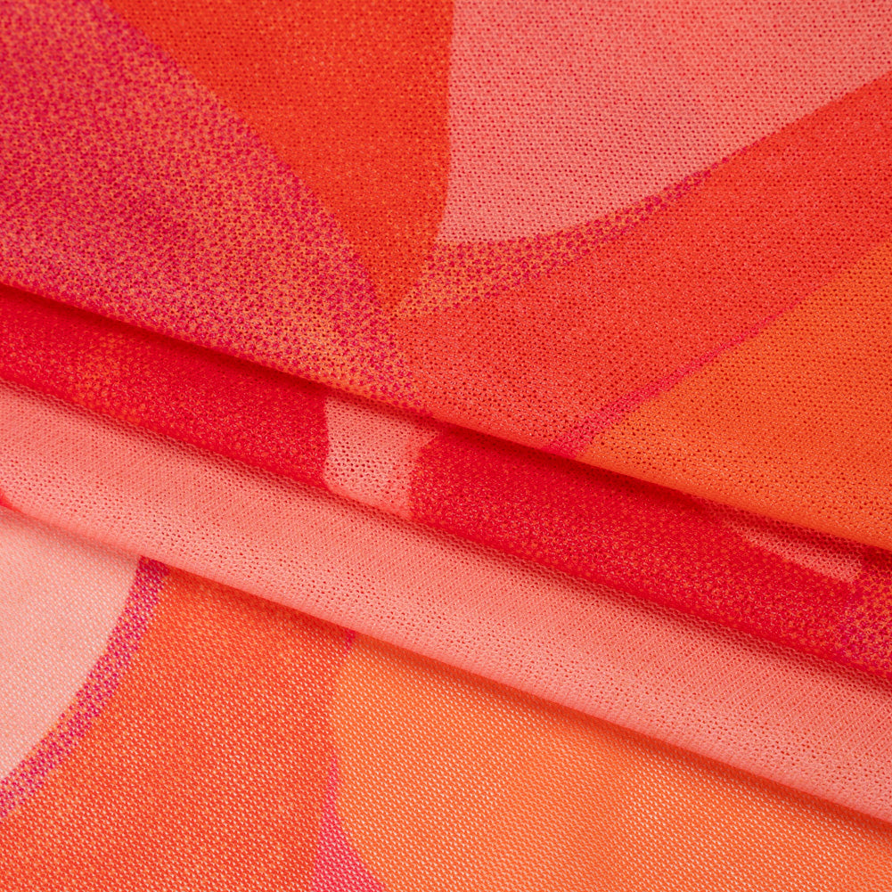 Knit Polyester Mesh Print - Red, Pink and Orange Abstract - Designer Deadstock Folded