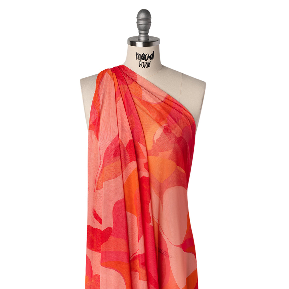 Knit Polyester Mesh Print - Red, Pink and Orange Abstract - Designer Deadstock Drape